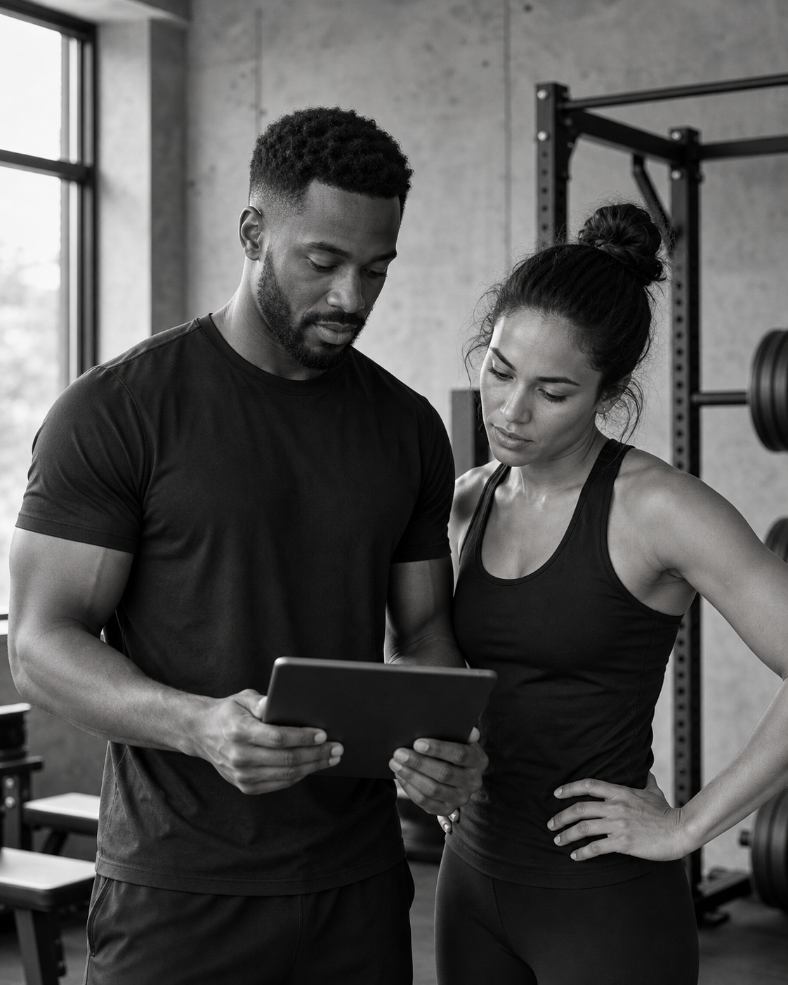 A personal trainer and athlete reviewing their training together on a tablet