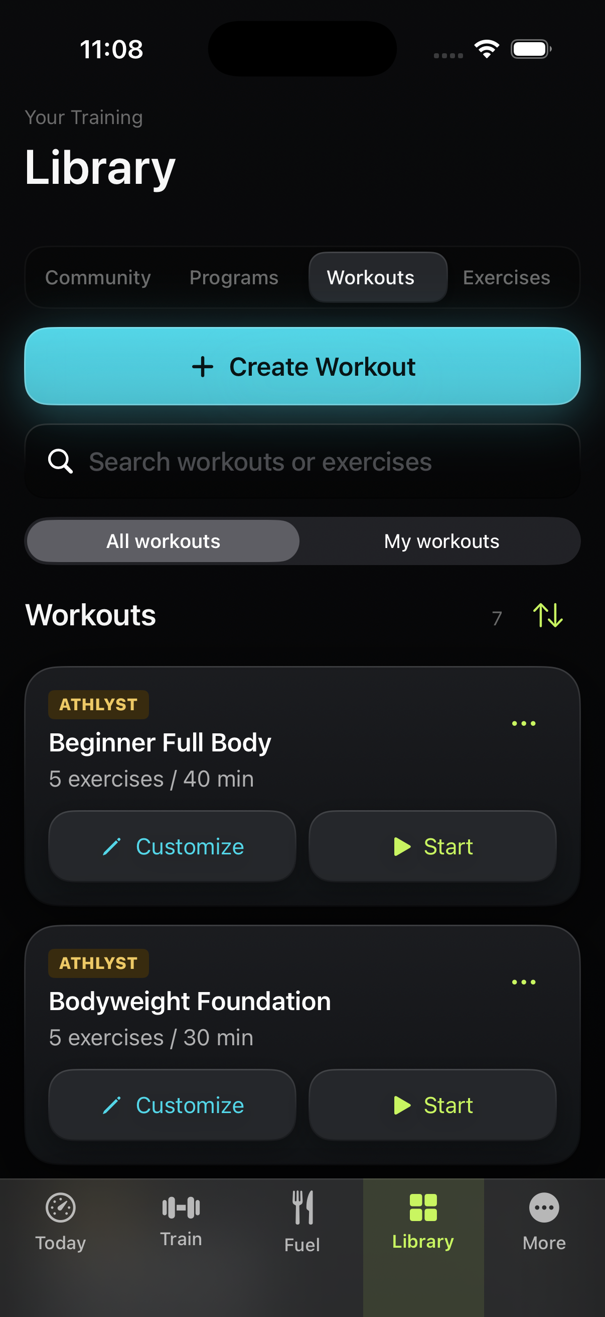 The Athlyst iPhone workout library, showing personal workouts and training templates